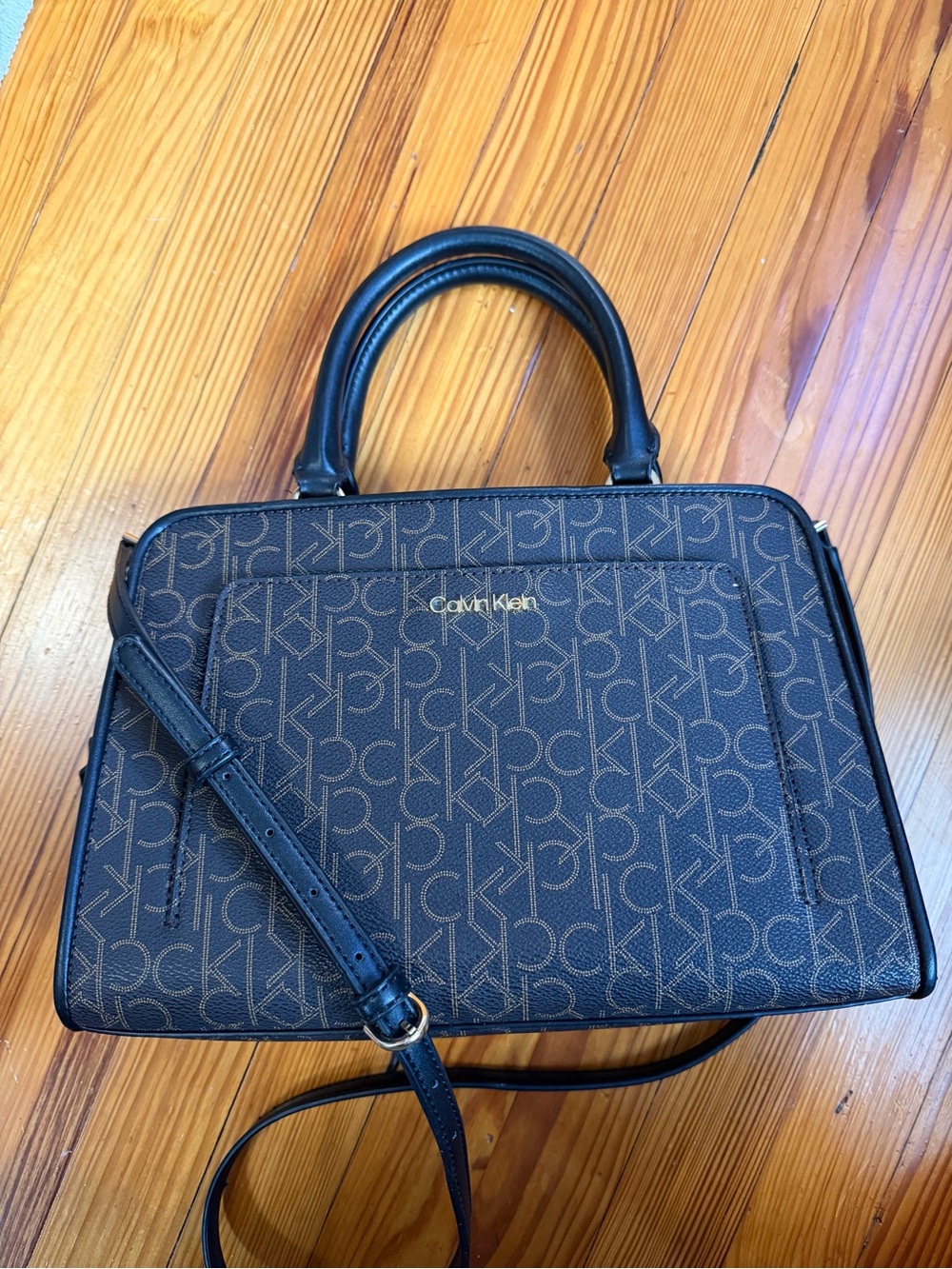Calvin Klein Black Monogram Satchel with Gold Logo